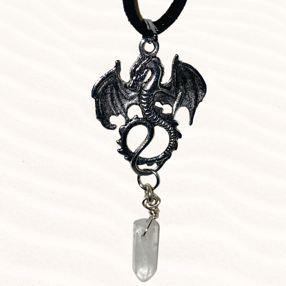 Hand Crafted Quartz Crystal Dragon Necklace Vegan Suede Microfiber Wire Wrapped - Picture 2 of 6